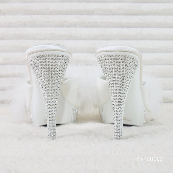 Your Majesty White Marabou Feather Rhinestone Platform Slip On Wedding Slides - Picture 7 of 10